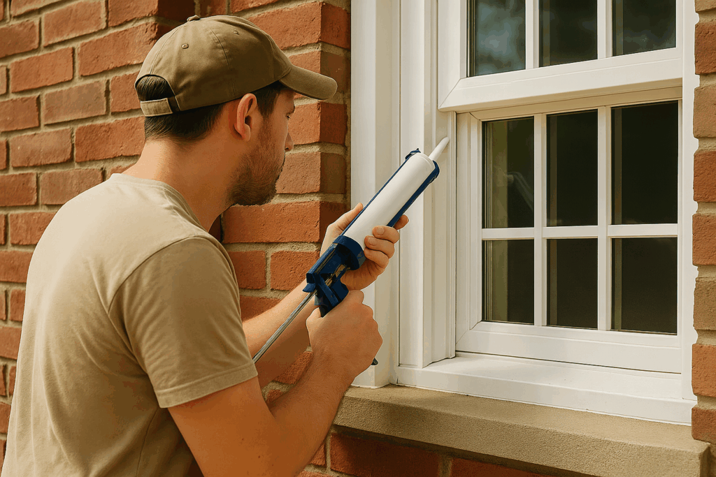 A man holds a caulk gun in front of a window. The window is white and sits in a red brick wall. The man wears a t-shirt and baseball cap.